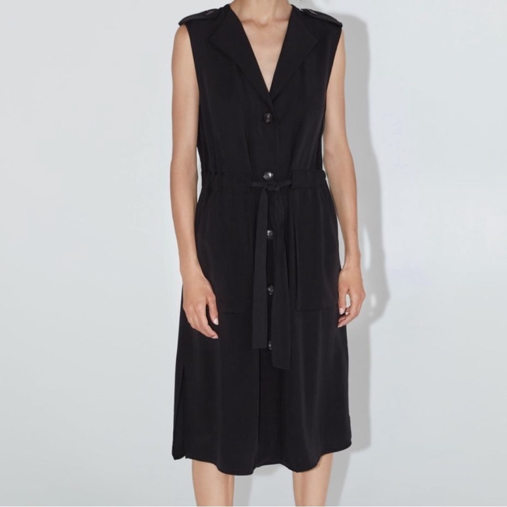 Zara | Sleeveless Buttoned Belted Dress in Black Size XS